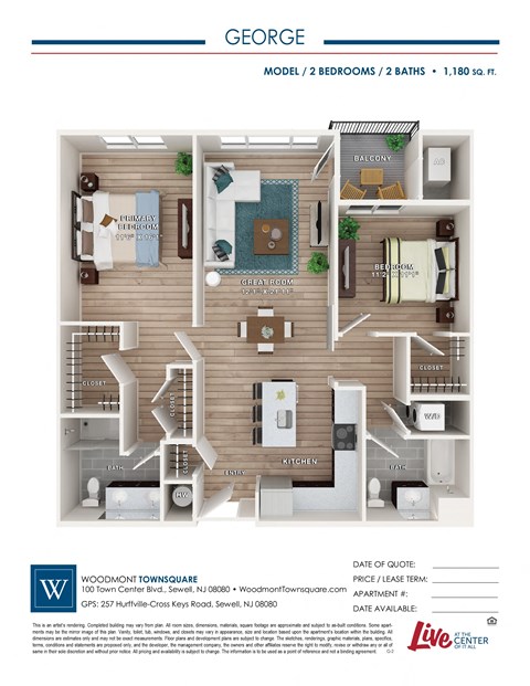 Floor plan for 2 beds, 2 baths, 1180 sqft